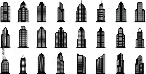 Modern black building icons, highrise tower vector set, urban skyline silhouettes, office architecture illustration, cad drawing flat vector illustration