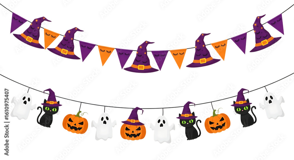 Fototapeta premium Cute Halloween Party Decorations: Witch Hats, Ghosts, Black Cats, Pumpkins Bunting Banner