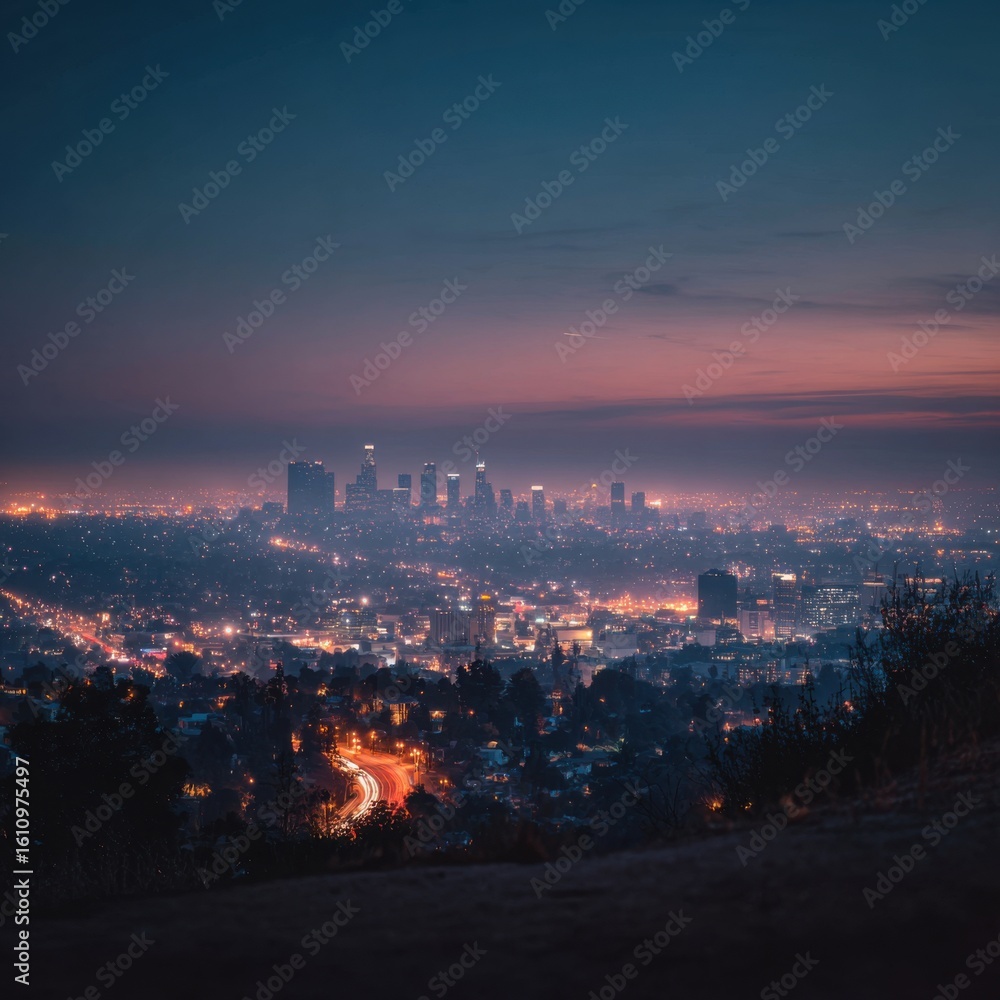 Fototapeta premium A stunning city skyline illuminated at dusk, creating a vibrant atmosphere.