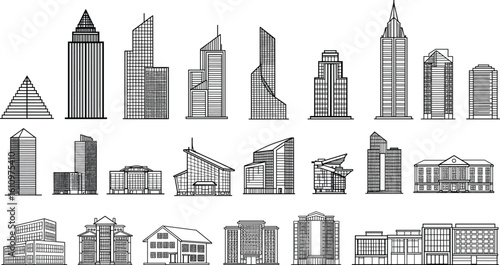 Modern building icon collection, city skyline elements, office towers, residential houses, urban structures, real estate architecture, vector illustration, black outline