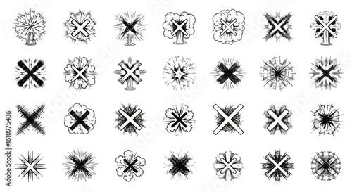 A collection of hand-drawn explosion and cancellation symbols, various styles, black and white.