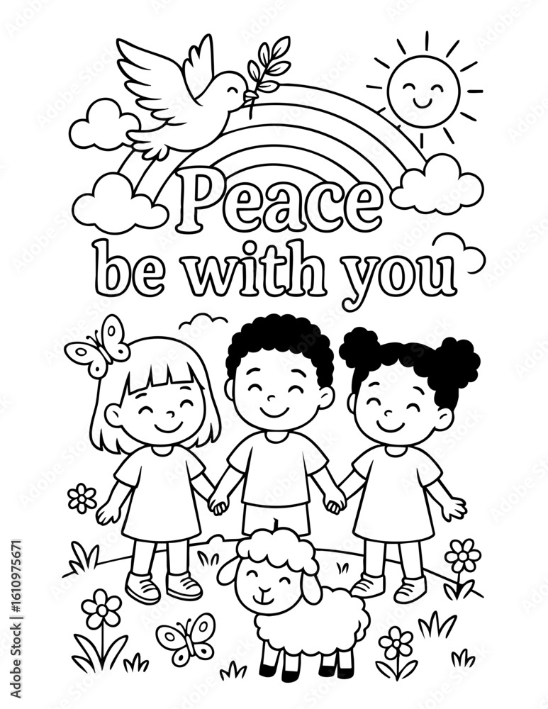 Fototapeta premium christian coloring page with joyful children, rainbow, dove and peaceful message peace be with you, ideal for sunday school, homeschool and faith-based activities for kids
