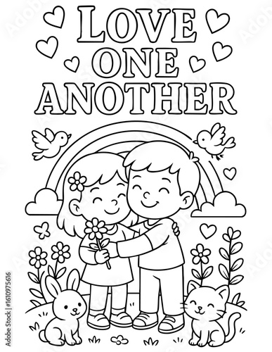 christian coloring page featuring hugging children, rainbow, animals and message about love and kindness from bible, great for sunday school, homeschool and kids faith-based printables
