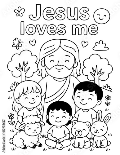 christian coloring page showing jesus with happy children and animals outdoors under message jesus loves me, perfect for sunday school, homeschool and kids faith-based activities