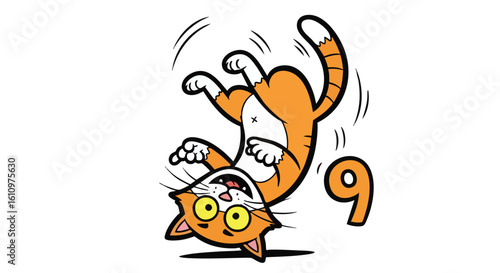 Playful orange cat happily performing a somersault with the number nine.