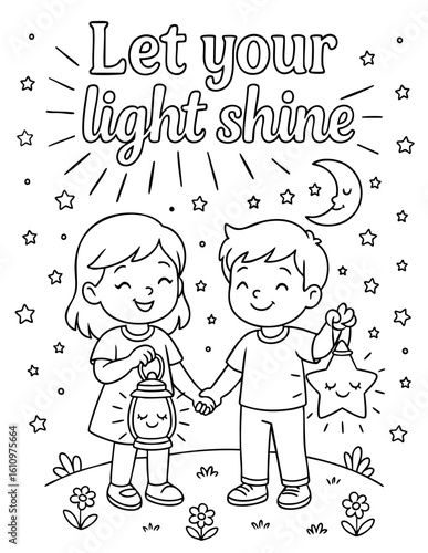 christian coloring page with two children holding glowing lantern and star under scripture let your light shine, great for sunday school, homeschool and faith-based kids activities