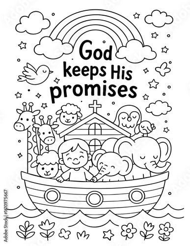 christian coloring page featuring noah's ark with smiling animals and rainbow under bible message about god’s promises, perfect for sunday school, homeschool and faith-based kids activities