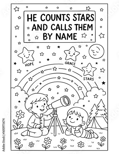 christian coloring page with children stargazing in nature under rainbow and stars labeled with hope and grace, based on bible verse about god’s knowledge, great for sunday school and homeschool use
