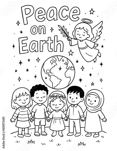 christian coloring page showing diverse children under earth and angel with message peace on earth, great for sunday school, homeschool and faith-based holiday activities for kids