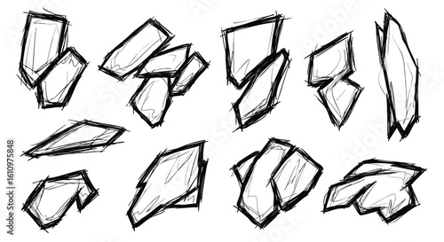 A collection of hand-drawn sketches depicting irregularly shaped, fragmented pieces.