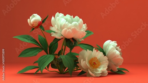 Elegant white peonies with lush green leaves on a vibrant orange background, showcasing a stunning contrast and natural beauty.