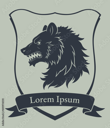 Vector heraldic bear head in the shield with ribbon and lettering.