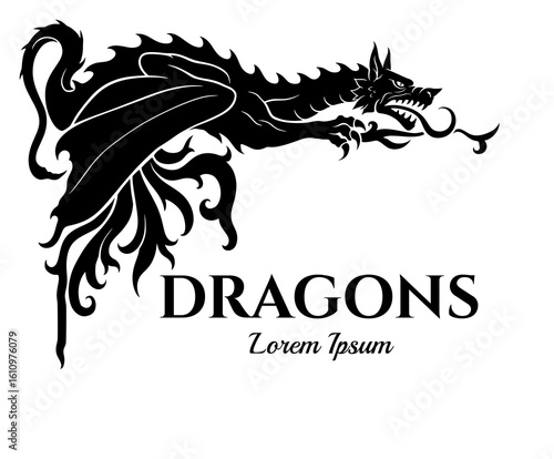 Vector black and white dragon with ornament. Сan be used for corner design as a decorative element.