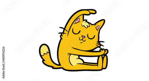Cartoon orange cat in a seated yoga pose, stretching its arms overhead.