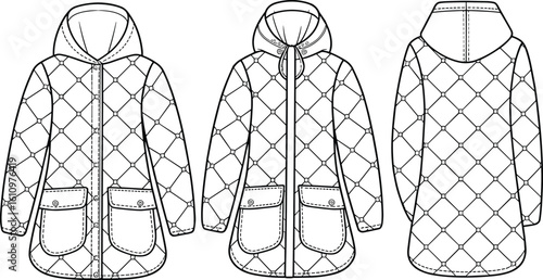 CAD drawing flat vector illustration of quilted hooded jacket, front back and side views, flap pockets, technical stitching, outerwear design, garment layout, fashion sketch, apparel template