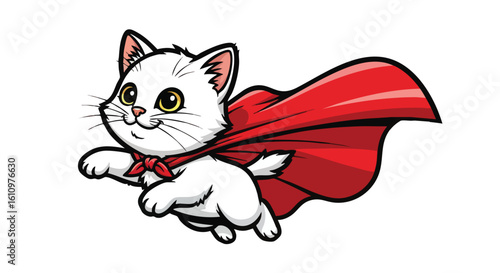 A cute, white kitten with yellow eyes flies with a red cape and a matching neck tie.