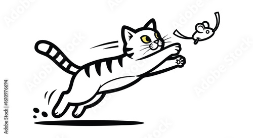 A cartoon cat with stripes leaps through the air, chasing after a small mouse.