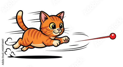 Playful orange tabby kitten energetically chases a red dot laser pointer, its motion blurred for effect.