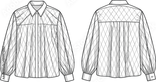 CAD drawing flat vector illustration of quilted blouse, front and back views, stitch detail, round neckline, long sleeves, structured fashion layout, garment template, technical sketch