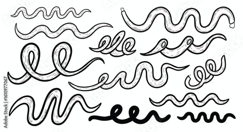 Collection of various wavy line designs, resembling snakes or flowing water.