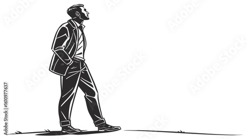 "Black vector of a standing man with hands in pockets, plain white background"

