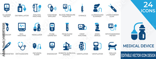 High-quality vector icons of essential medical devices and tools used in hospitals and clinics. Perfect for healthcare apps,  presentations, and educational materials.