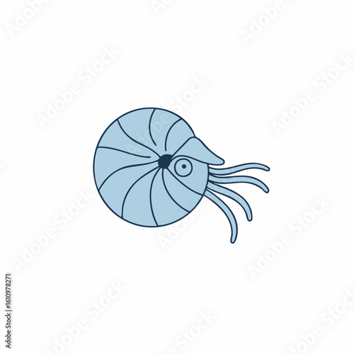 Stylized Light Blue Nautilus with Tentacles and Segmented Shell