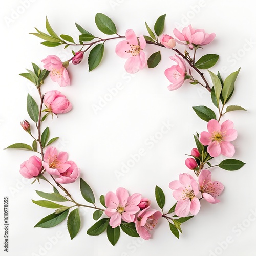 A circular arrangement of pink flowers and green leaves on a white background. The flowers are in various stages of bloom, creating a fresh and vibrant look.