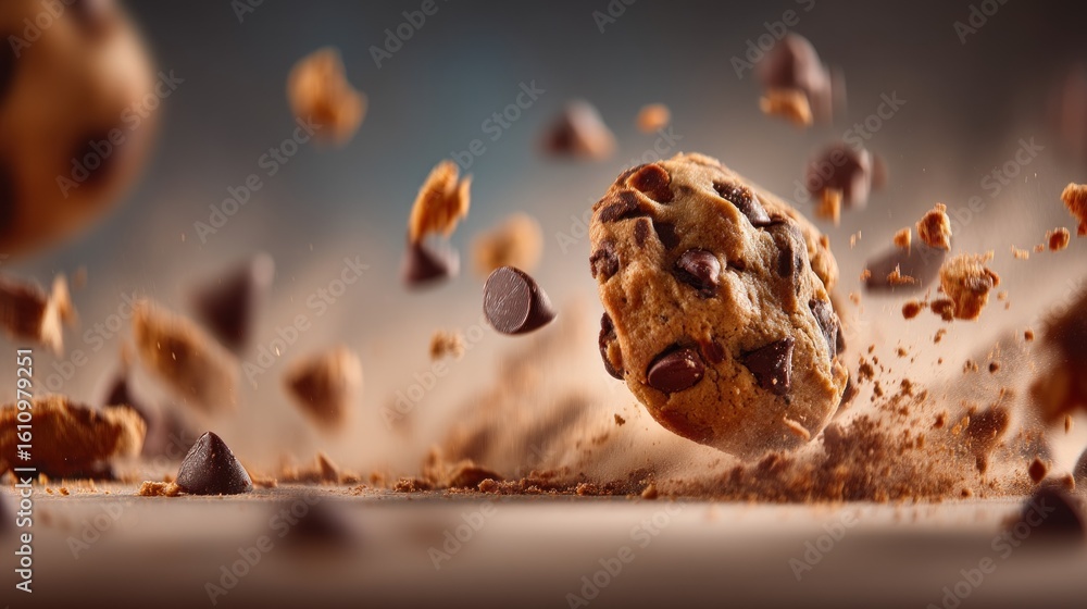 Obraz premium Chocolate chip cookie crumbles mid-air, chips and crumbs scattered