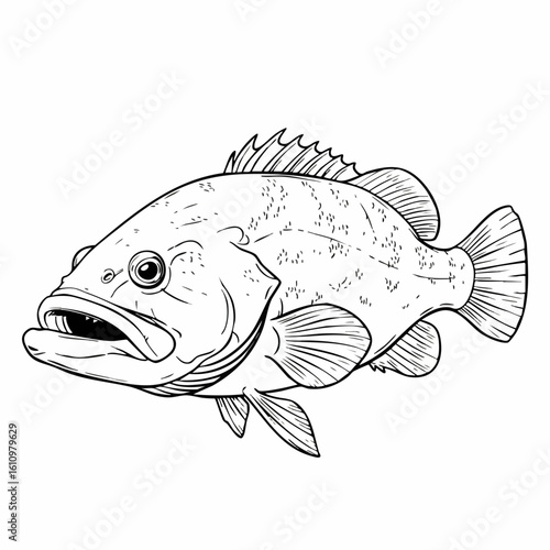 Detailed Line Art Illustration of a Largemouth Bass with Open Mouth