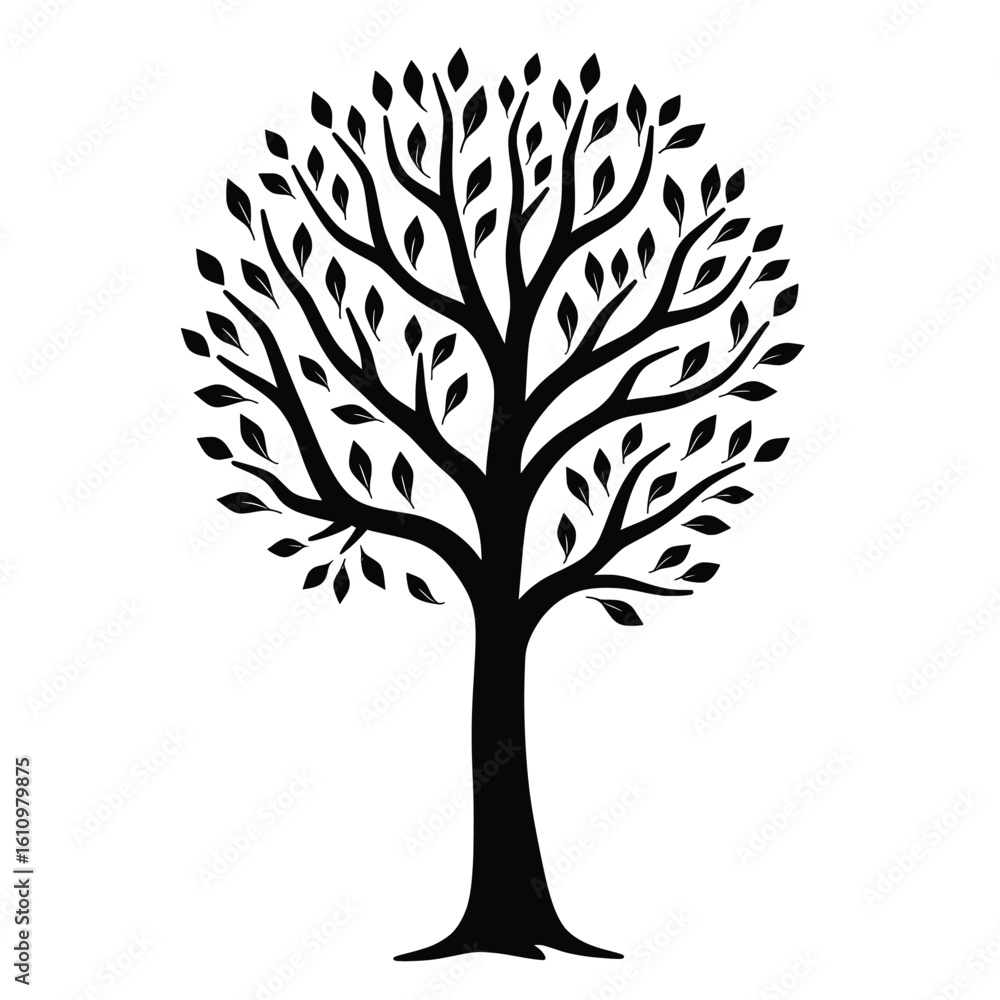 Obraz premium A Silhouette Of A Stylized Tree With Leaves Creates A Visually Appealing Monochrome Illustration