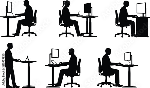 Silhouette office workers, using computers, sitting and standing desks, modern workstation setup, ergonomic furniture icons, remote work, business vector design
