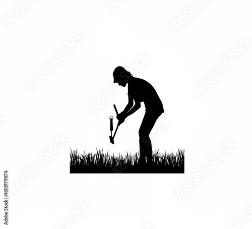 Silhouette of scientist testing soil with toolkit in open field on white background