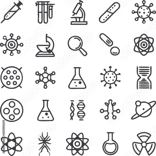 Microbiology & Lab Science Line Icon Set | Adjustable Line Weight | yringe, test tubes rack, microscope, bandage, virus spike ball, viral node, mortar & pestle, magnifying glass, capsule & pill.