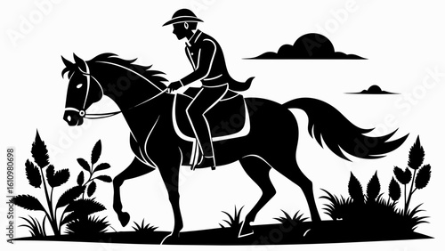 horse and rider black and white silhouette on white background