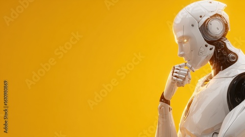 Futuristic humanoid robot in a thoughtful pose against a vivid yellow background, symbolizing artificial intelligence and technology.