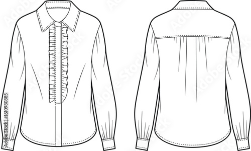 CAD drawing flat vector illustration of ruffle front blouse design, long sleeves, back yoke, stylish fashion garment layout sketch viewsCAD drawing flat vector 