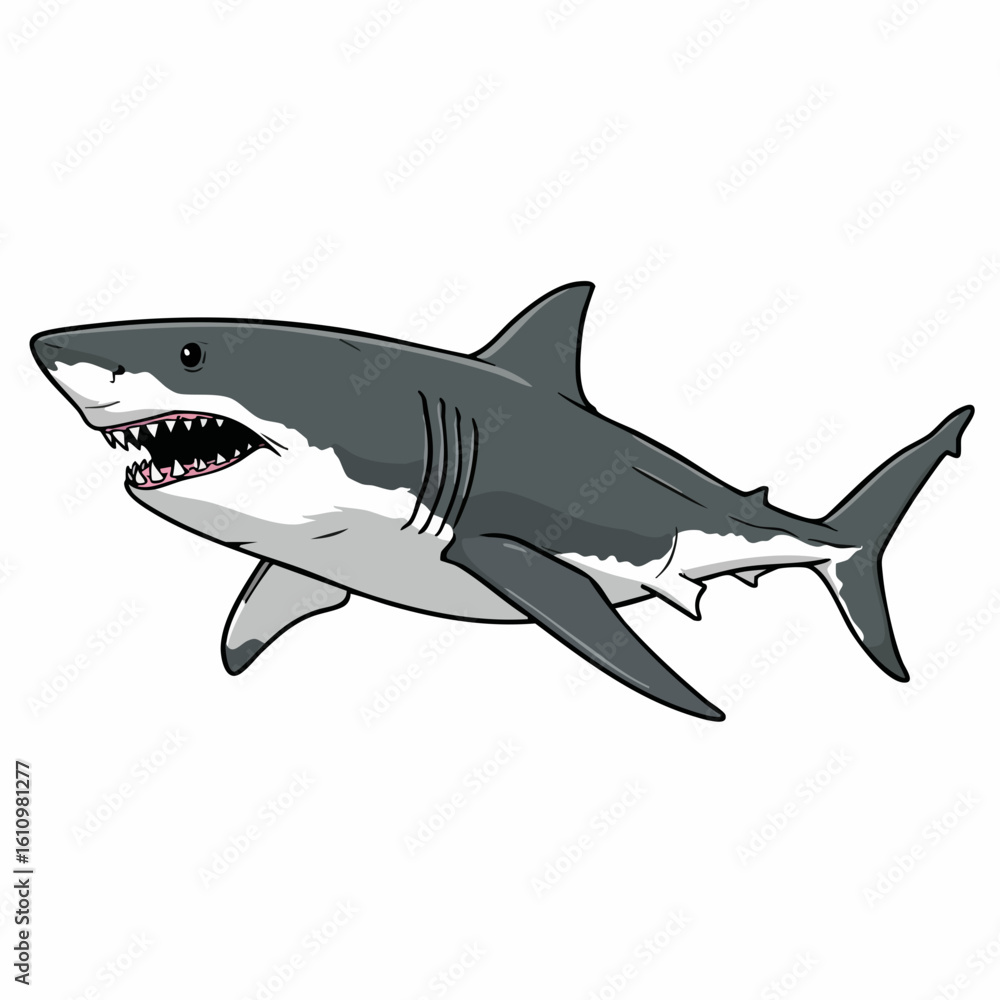 Fototapeta premium Cartoon Great White Shark with Open Mouth and Sharp Teeth Illustration