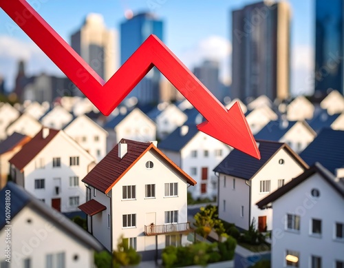 Red arrow descends over a neighborhood of houses, symbolizing a market downturn