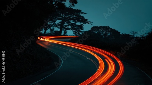 Curving road at dusk illuminated by streaks of red light from passing vehicles