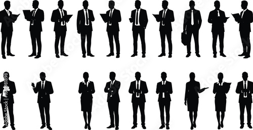 Silhouettes of business professionals, formal attire, teamwork, office communication, business meeting, corporate posture, document holding, leadership concept, success