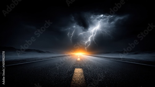 Dark asphalt road leading to a horizon lit by lightning strikes under stormy skies