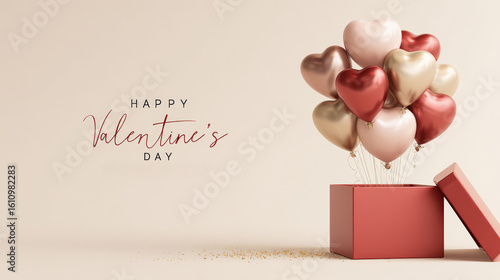 Heart-shaped balloons in pink, red, and gold emerge from an open gift box on a beige background with "Happy Valentine's Day" text.