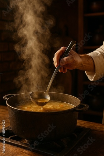 Close-Up of Chef’s Hand Stirring Steaming Pot of Soup with Ladle in Rustic Kitchen