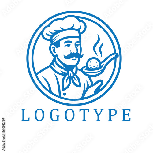 Classic emblem-style cartoon of a mustached chef serving bakso in a spoon, framed in a circular border
