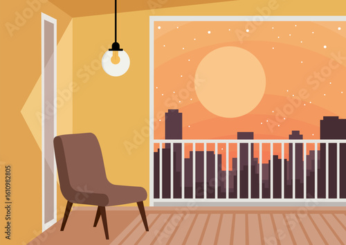 house balcony with chair and window to cityscape scene vector illustration design
