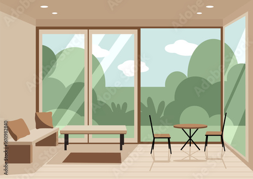 a large glassed hall with a view of nature