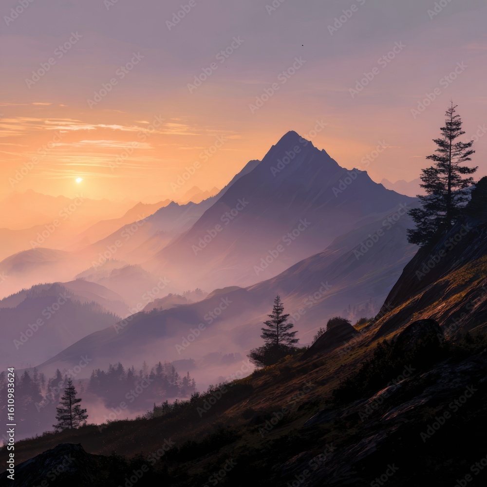 Obraz premium Breathtaking sunrise over mountains, enveloped in soft mist.