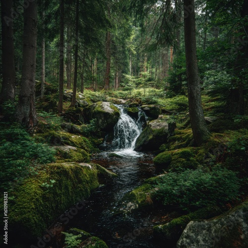 A tranquil waterfall surrounded by vibrant green foliage.