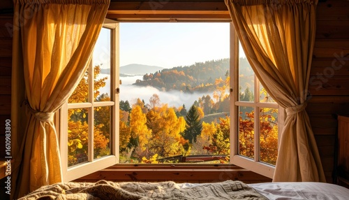 Autumn scenery through a glamping window, fog, yellow leaves, morning light.
